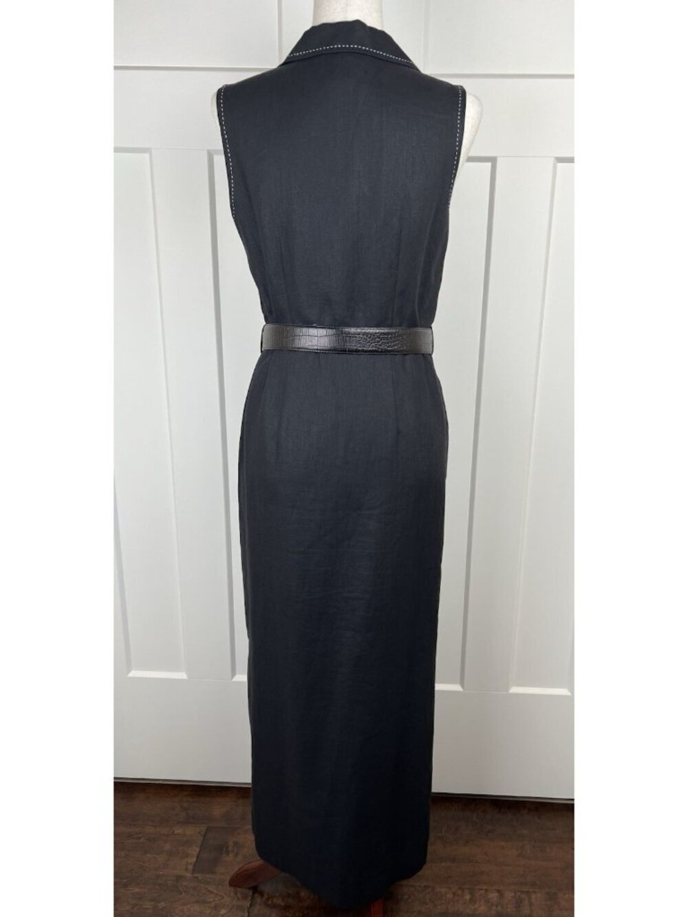 Vintage Harold’s Linen Shirt Dress Black Ivory Stitch Belted Midi Size 6 Sleek - Picture 9 of 16